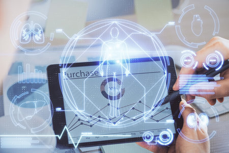 Double exposure of man's hands holding and using a phone and education theme drawing.の写真素材