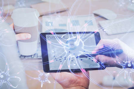 Double exposure of man's hands holding and using a phone and neuron drawing. Education concept.