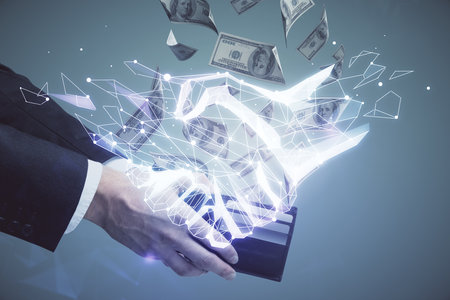Multi exposure of handshake drawing hologram and USA dollars bills and man hands.の写真素材