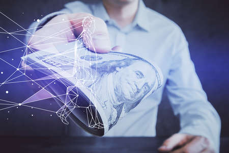 Multi exposure of creative drawing hologram and USA dollars bills and man hands. Start up concept