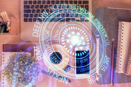 Double exposure of technology theme drawing over work table desktop. Top view. Global data analysis concept.の写真素材