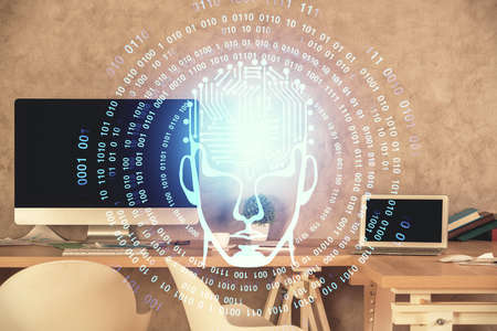 Multi exposure of brain drawing and office interior background. Concept of data technology.