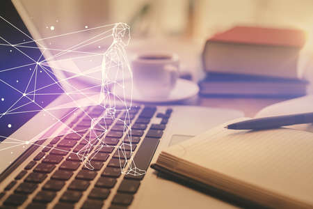 Double exposure of creative drawing and desktop with coffee and items on table background. Concept...
