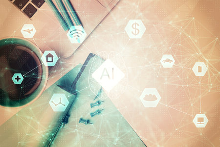 Multi exposure of data drawing hologram over topview of study desk background with computer. Concept of technology.の写真素材