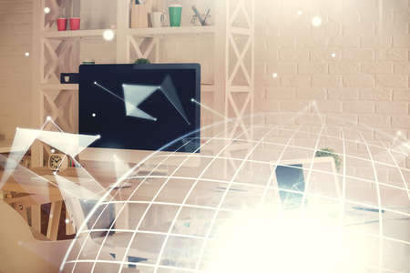 Multi exposure of world map drawing and office interior background. Concept of international...