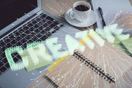 Double exposure of creative drawing and desktop with coffee and items on table background. Concept...