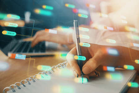 Double exposure of data theme sketch drawing over people writing background. Concept of technology
