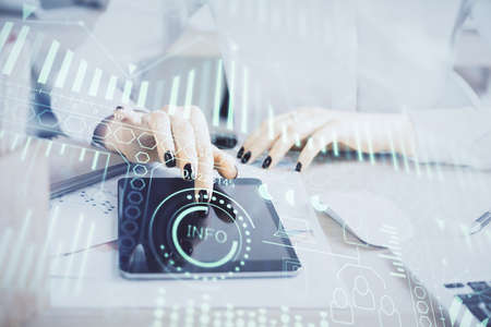 Double exposure of tech icon hologram and woman holding and using a mobile device. Technology...