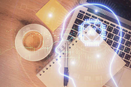 Multi exposure of brain sketch hologramの写真素材