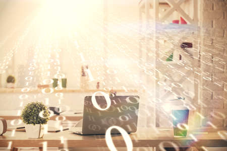 Double exposure of data theme drawing and office interior