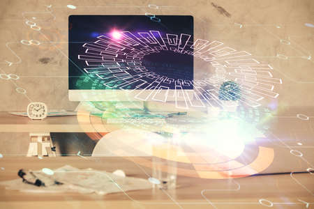 Multi exposure of data theme drawing and office interior