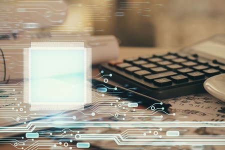 Multi exposure of data theme drawings and desk with open notebook