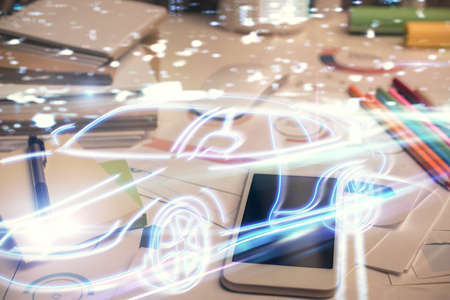 Double exposure of automobile theme sketch over cell phone