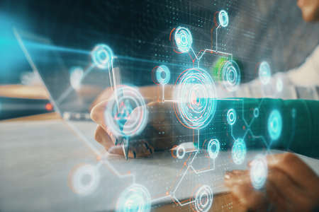 Double exposure of data theme sketch drawing over people writing