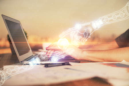 Multi exposure of woman hands working on computer and data theme hologram drawing.