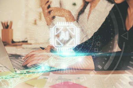 Multi exposure of woman hands working on computer and data theme hologram drawing. Tech concept.