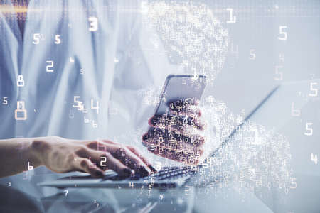 Double exposure of tech icon hologram and woman holding and using a mobile device. Technology...