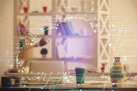 Double exposure of data theme drawing and office interior background. Concept of technology.