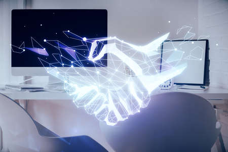 Multi exposure of handshake drawings and office interior background. Partnership concept.