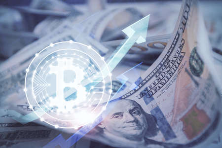 Multi exposure of crypto theme drawing over us dollars bill background. Concept of blockchain success.の写真素材