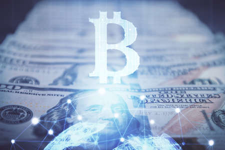 Multi exposure of crypto theme drawing over us dollars bill background. Concept of blockchain...
