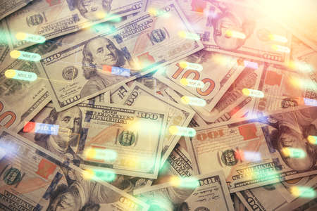 Double exposure of data theme drawing over us dollars bill background. Technology concept.の写真素材