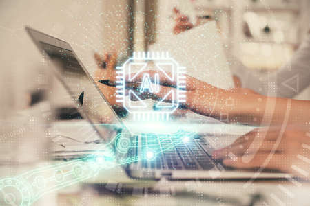 Multi exposure of woman hands working on computer and data theme hologram drawing. Tech concept.