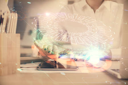 Double exposure of technology sketch hologram and woman holding and using a mobile device. Ai...