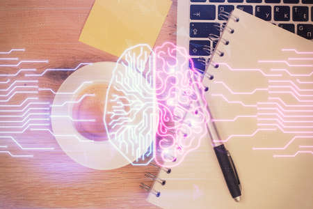 Multi exposure of brain sketch hologram over topview work table background with computer. Concept of big data.の写真素材