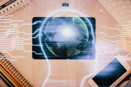 Double exposure of brain drawing over work table desktop. Top view. Global data analysis concept.