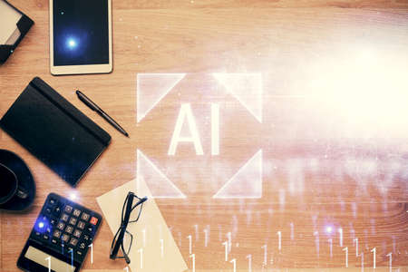 Multi exposure of technology theme drawing over work table desktop. Top view. Global data analysis...