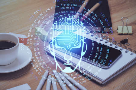 Double exposure of brain theme drawing and cell phone background. Concept of information