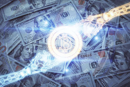Multi exposure of crypto theme drawing over us dollars bill background. Concept of blockchain...