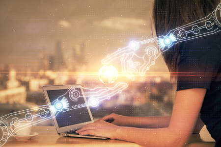 Multi exposure of woman hands working on computer and data theme hologram drawing. Tech concept.
