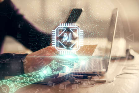 Multi exposure of man's hands holding and using a digital device and data theme drawing. Innovation...