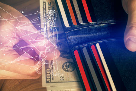 Multi exposure of creative drawing hologram and USA dollars bills and man hands. Start up concept