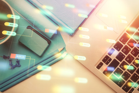 Multi exposure of data drawing hologram over topview of study desk background with computer. Concept of technology.の写真素材