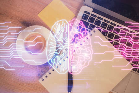 Multi exposure of brain sketch hologram over topview work table background with computer. Concept of...