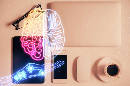 Multi exposure of brain drawing over work table desktop. Top view. Global data analysis concept.