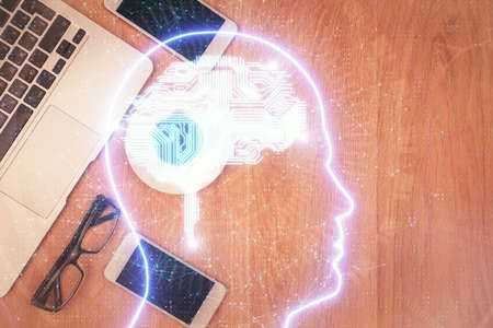 Multi exposure of brain drawing over work table desktop. Top view. Global data analysis concept.