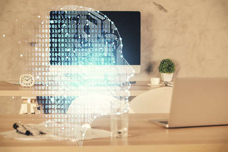 Multi exposure of brain drawing and office interior background. Concept of data technology.