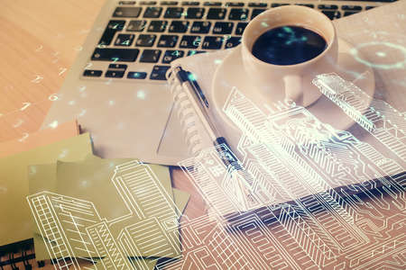 Double exposure of buildings drawing and desktop with coffee and items on table background. Concept...