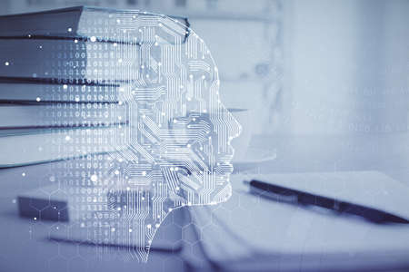 Double exposure of brain drawing and desktop with coffee and items on table background. Concept of...