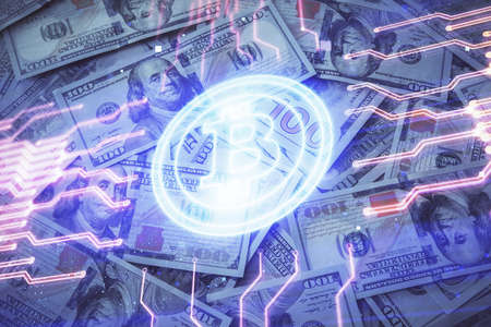 Multi exposure of crypto theme drawing over us dollars bill background. Concept of blockchain success.の写真素材
