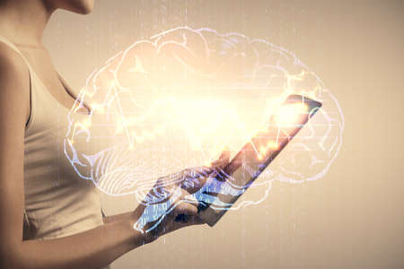 Double exposure of brain sketch hologram and woman holding and using a mobile device.