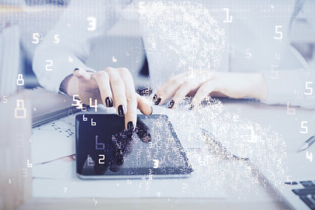 Double exposure of tech icon hologram and woman holding and using a mobile device. Technology...