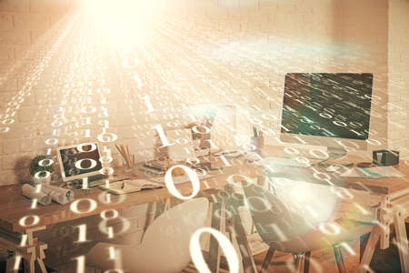 Double exposure of data theme drawing and office interior background. Concept of technology.の写真素材