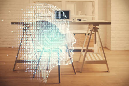 Multi exposure of brain drawing and office interior background. Concept of data technology.