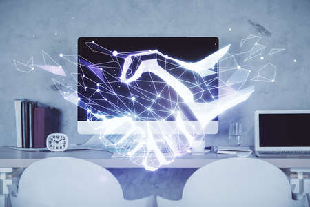 Multi exposure of handshake drawings and office interior background. Partnership concept.