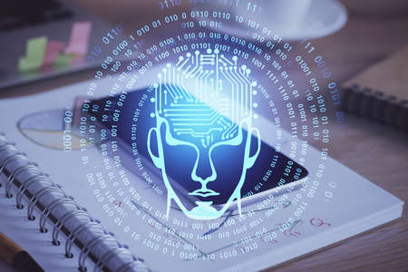 Double exposure of brain theme drawing and cell phone background. Concept of information